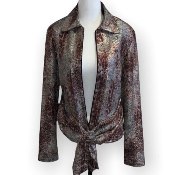 joseph Ribkoff Purple and Silver Snakeprint Tie Front Metalic Moto Jacket 10 - Picture 2 of 15